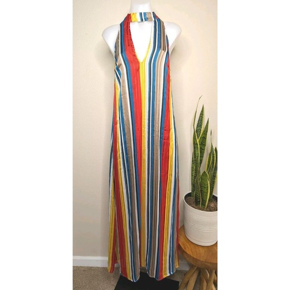 70's Style Striped Satin Maxi Dress Flowy Womens Festival A7 - Picture 3 of 15